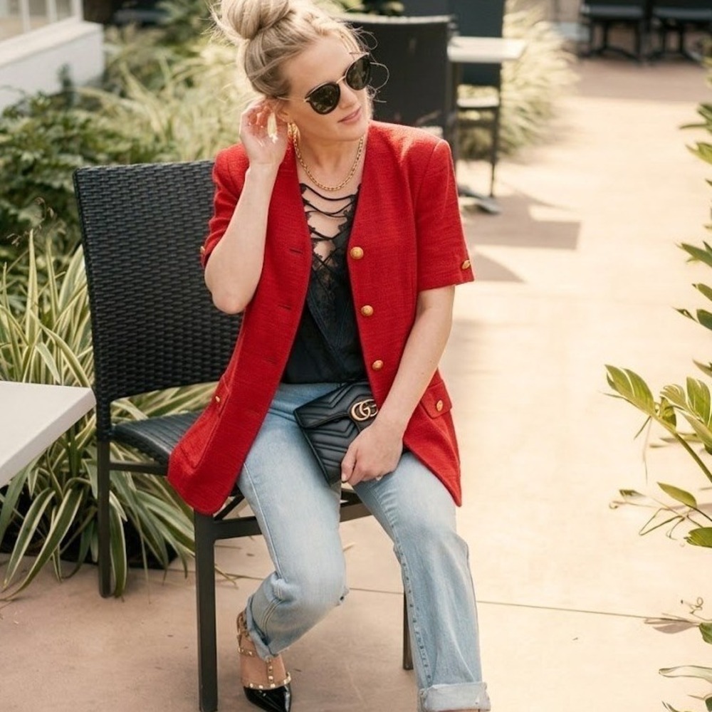 VTG 90s Casual Corner Red Short Sleeve Blazer Gold Buttons 14 Structured Capsule
